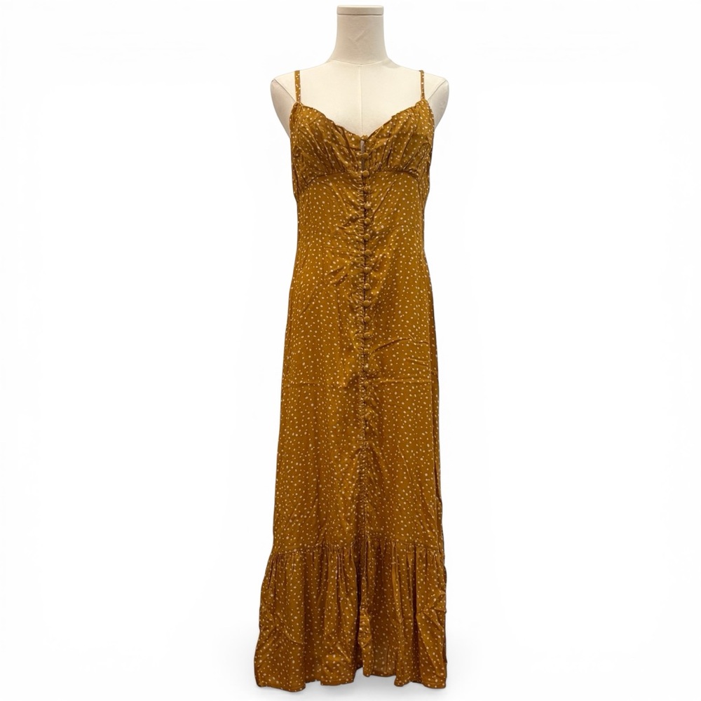 Aura |  Midi Dress | Golden | Polka Dot | Button Front | Flounce Hem | NWT